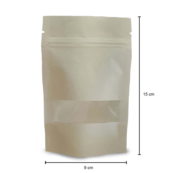 Bolsa pouch stand up, zipper blanco con ventana (9 x 15 x 6 cm) estimado 70g M